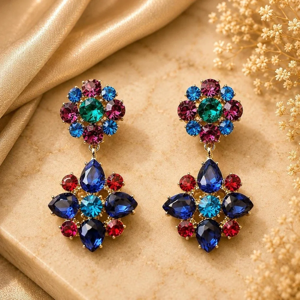 Vintage Y2K Monet Multicolor Crystal Statement Earrings Sample One of a Kind